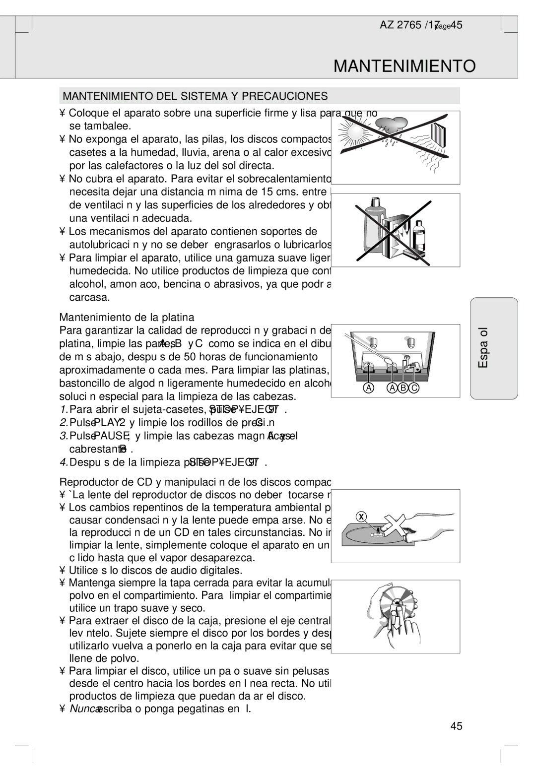 Philips AZ 1560/17, AZ 2765/17 manual Mantenimiento DEL Sistema Y Precauciones, Mantenimiento de la platina 