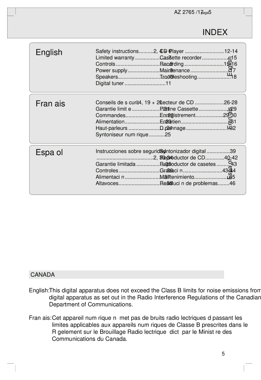 Philips AZ 1560/17, AZ 2765/17 manual Index, English 