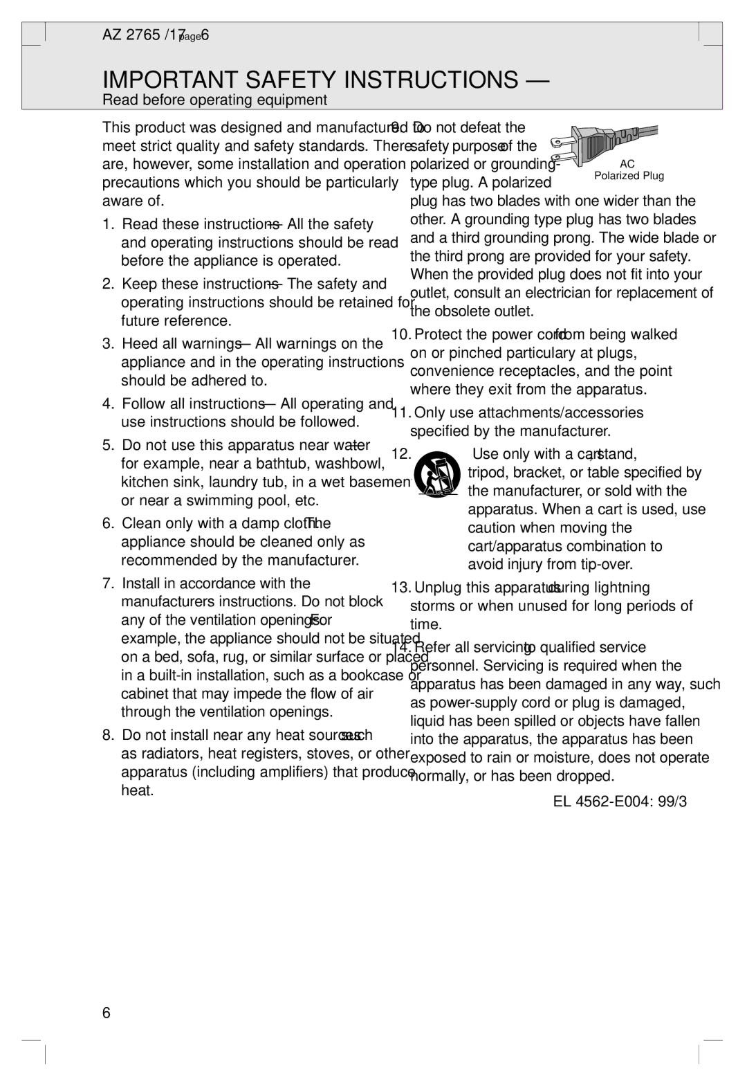 Philips AZ 2765/17, AZ 1560/17 manual Important Safety Instructions, Read before operating equipment, Type plug. a polarized 