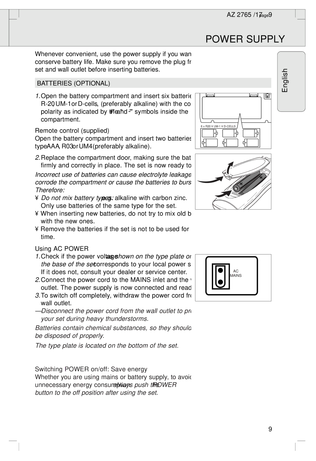 Philips AZ 1560/17, AZ 2765/17 manual Power Supply, Batteries Optional, Remote control supplied, Using AC Power 