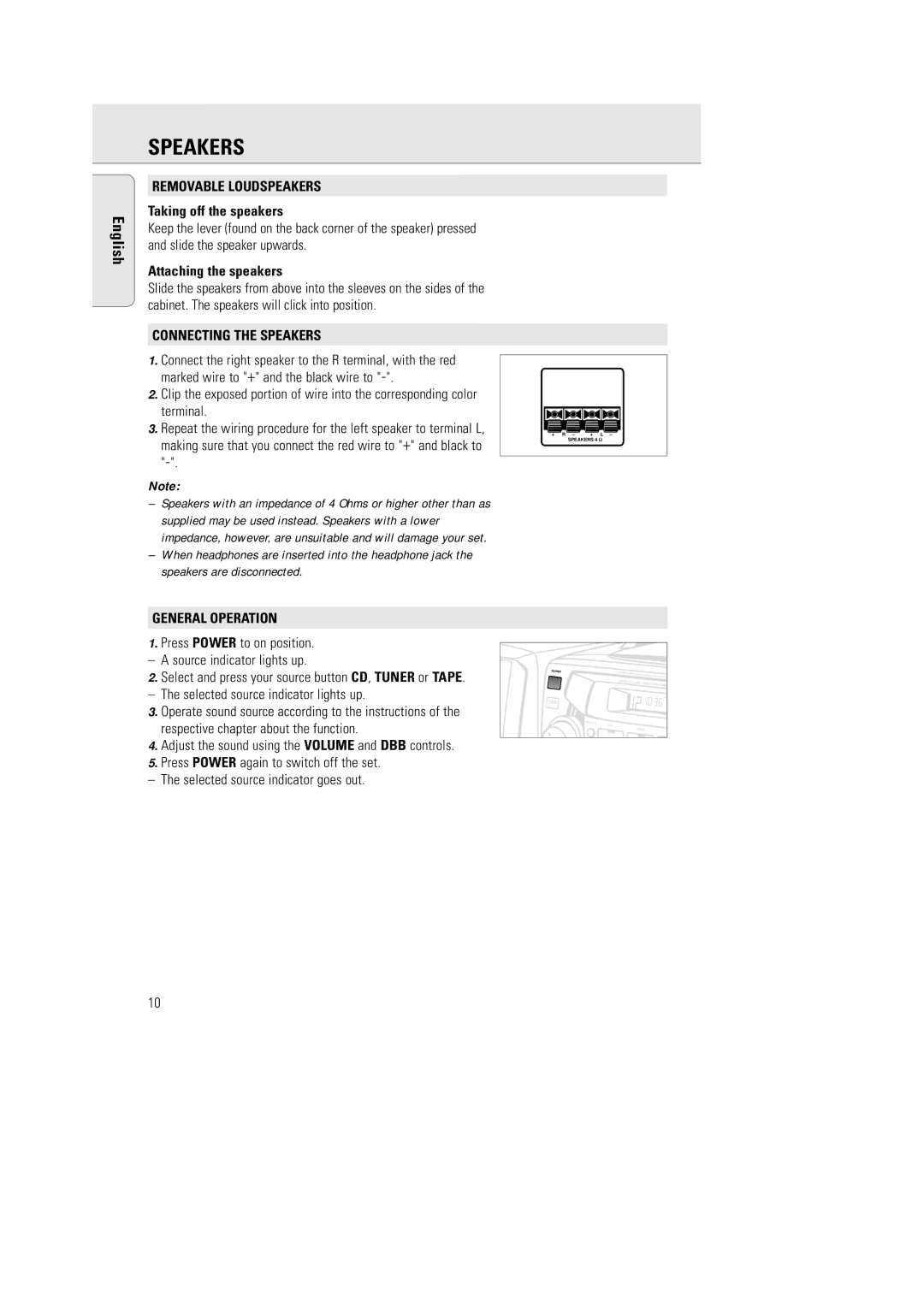 Philips AZ 2770 manual Removable Loudspeakers, Connecting the Speakers, General Operation 