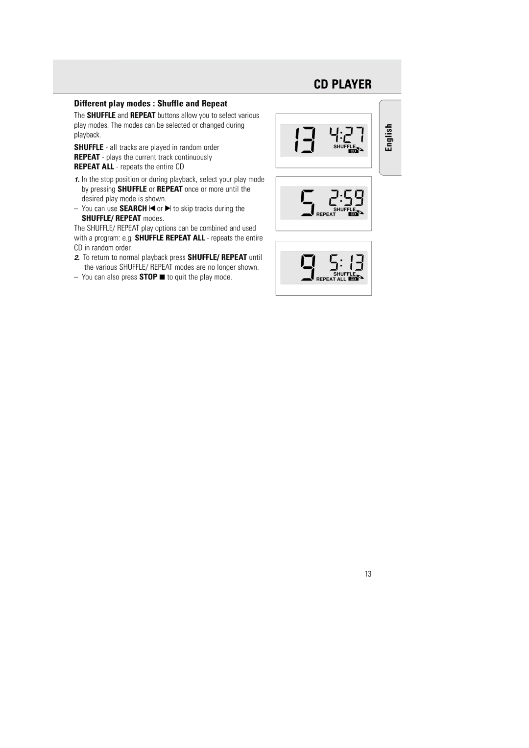 Philips AZ 2770 manual Different play modes Shuffle and Repeat, You can also press Stop 9 to quit the play mode 