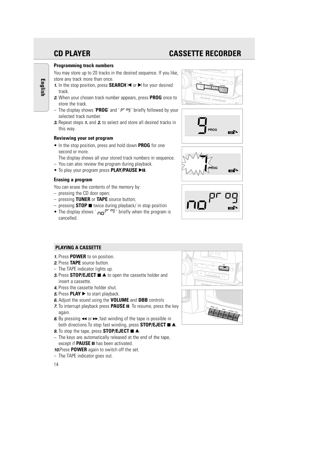 Philips AZ 2770 manual Programming track numbers, Reviewing your set program, Erasing a program, Playing a Cassette 