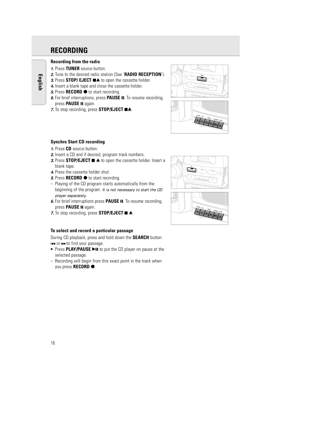 Philips AZ 2770 manual Recording from the radio, Synchro Start CD recording, To select and record a particular passage 