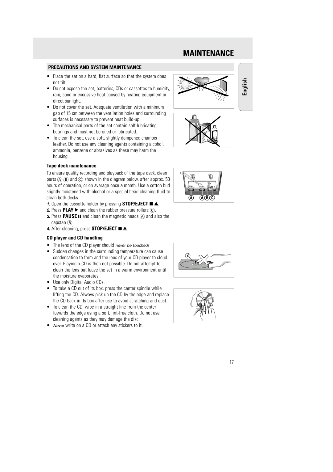 Philips AZ 2770 manual Precautions and System Maintenance, Tape deck maintenance, CD player and CD handling 