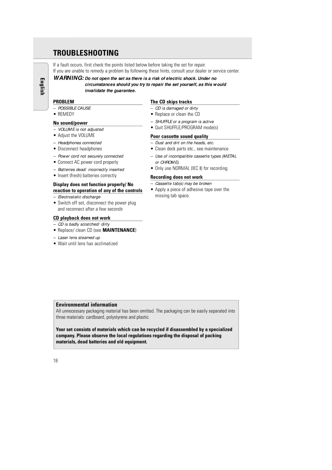 Philips AZ 2770 manual Troubleshooting, Environmental information, Problem 