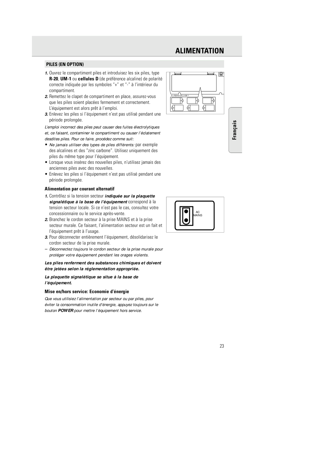 Philips AZ 2770 manual Piles EN Option, Alimentation par courant alternatif, Mise en/hors service Economie d’énergie 