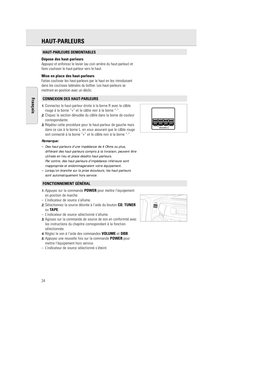 Philips AZ 2770 manual Haut-Parleurs, HAUT-PARLEURS Demontables, Connexion DES HAUT-PARLEURS, Fonctionnement Général 