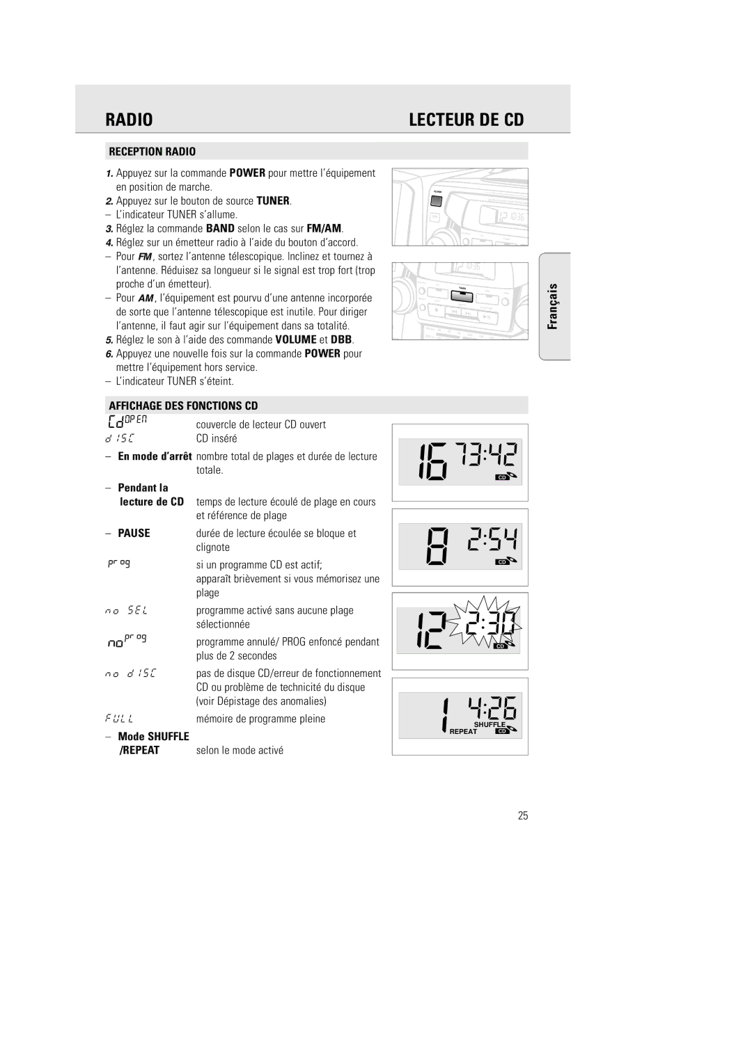 Philips AZ 2770 manual Reception Radio, Affichage DES Fonctions CD, Pendant la, Mode Shuffle 