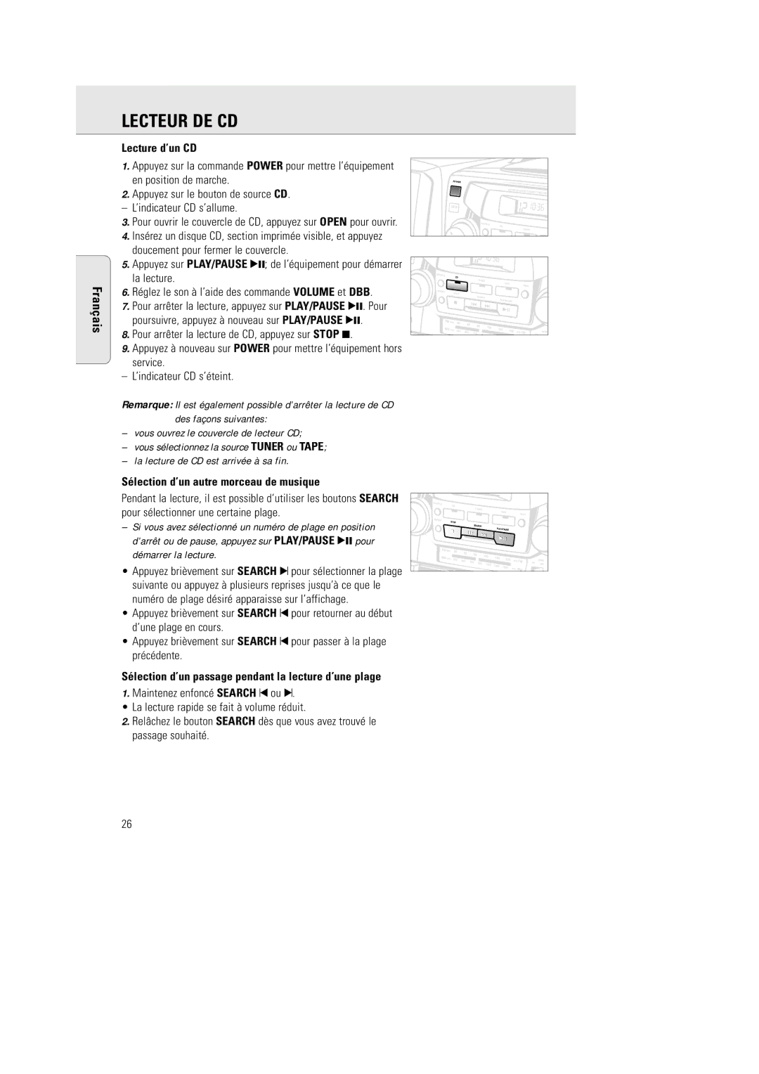 Philips AZ 2770 manual Lecteur DE CD, Lecture d’un CD, Pour arrêter la lecture de CD, appuyez sur Stop 