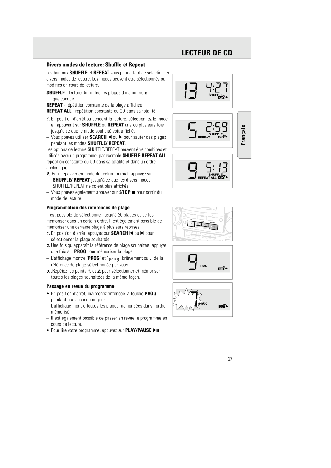 Philips AZ 2770 manual Divers modes de lecture Shuffle et Repeat, Programmation des références de plage 