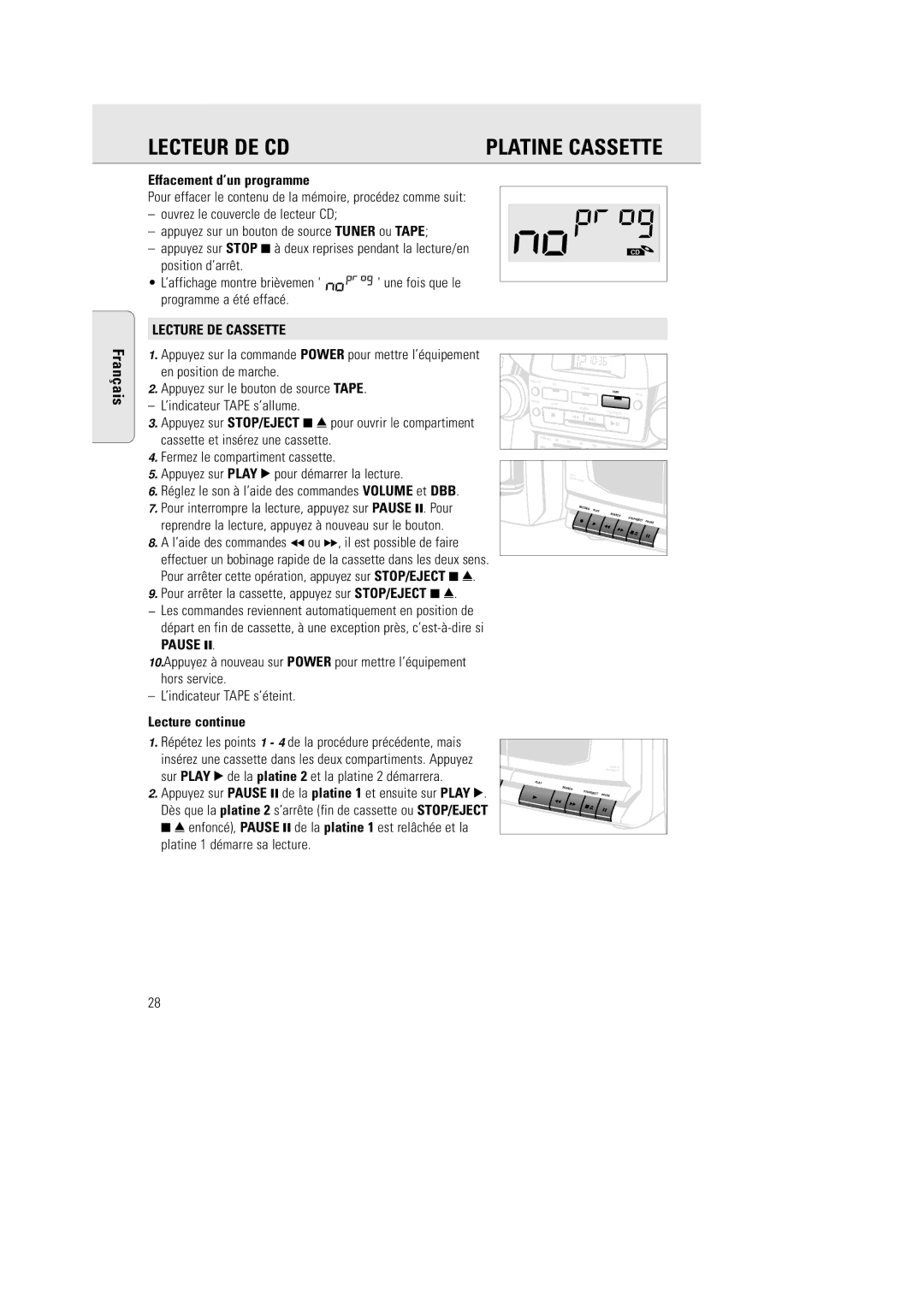 Philips AZ 2770 manual Effacement d’un programme, Lecture DE Cassette, Lecture continue 