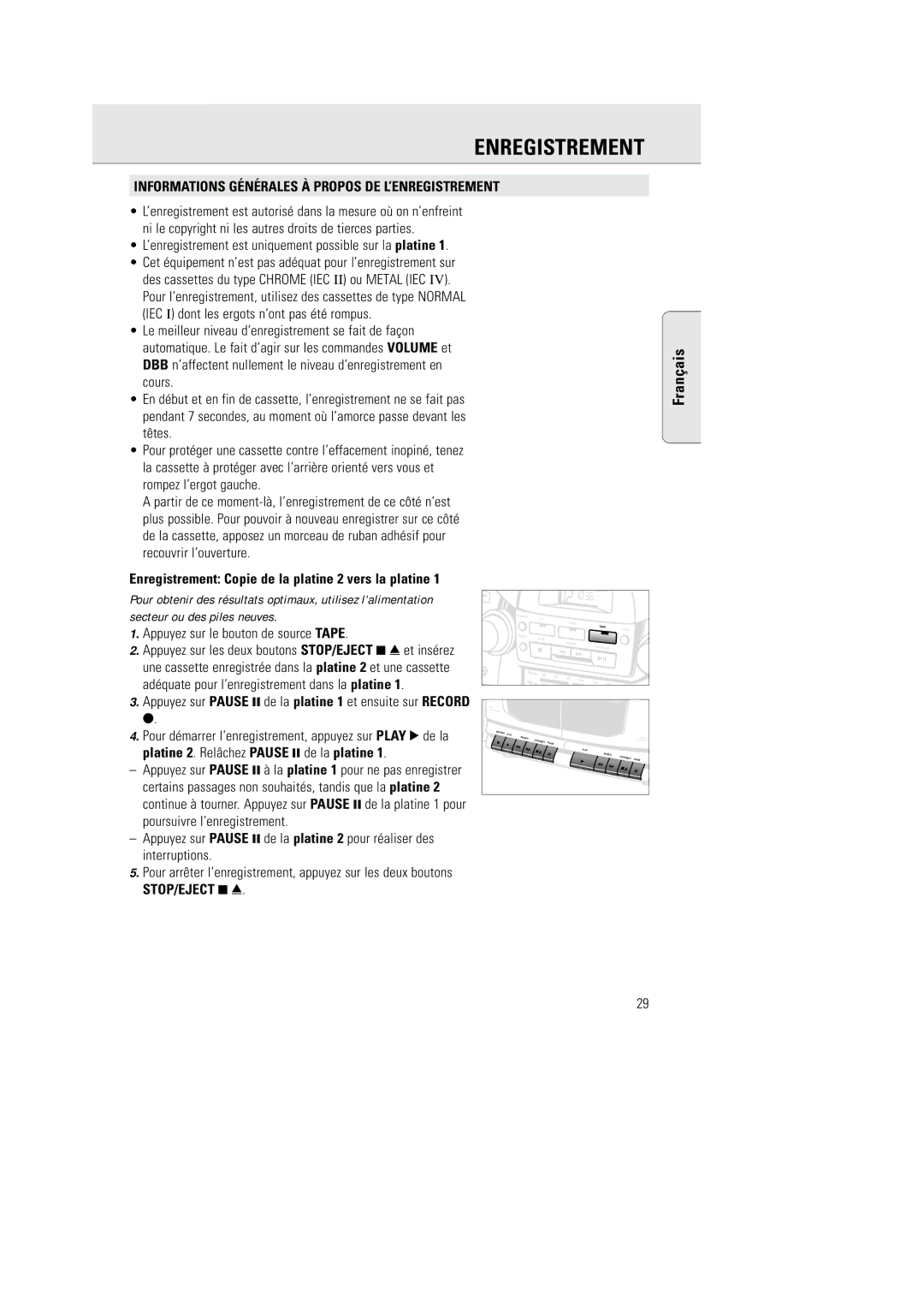 Philips AZ 2770 manual Enregistrement, Informations Générales À Propos DE L’ENREGISTREMENT 