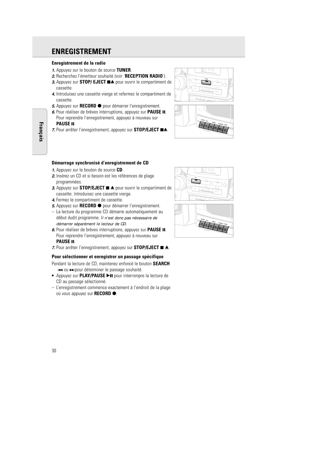 Philips AZ 2770 manual Enregistrement de la radio, Démarrage synchronisé d’enregistrement de CD 