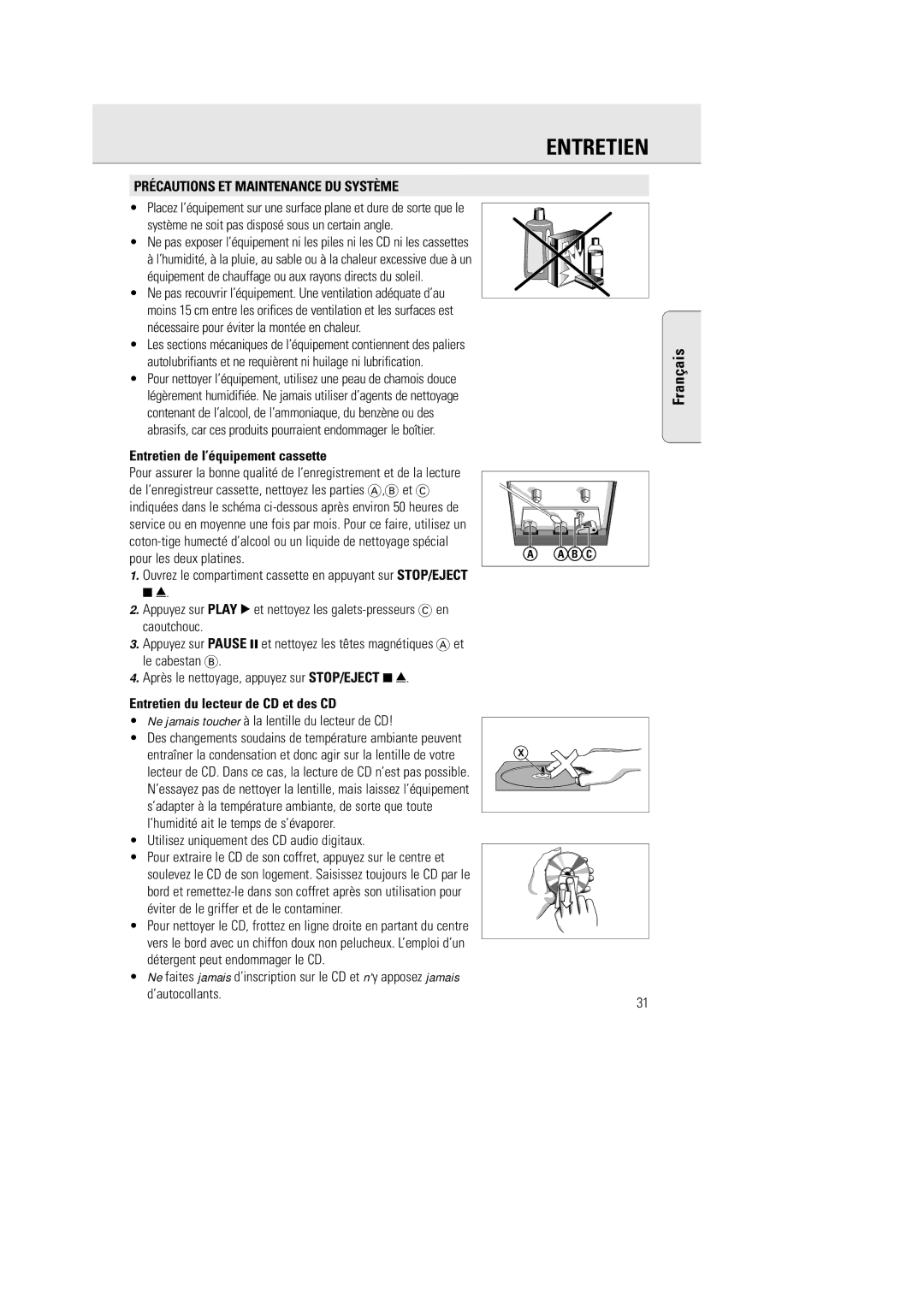 Philips AZ 2770 manual Précautions ET Maintenance DU Système, Entretien de l’équipement cassette 