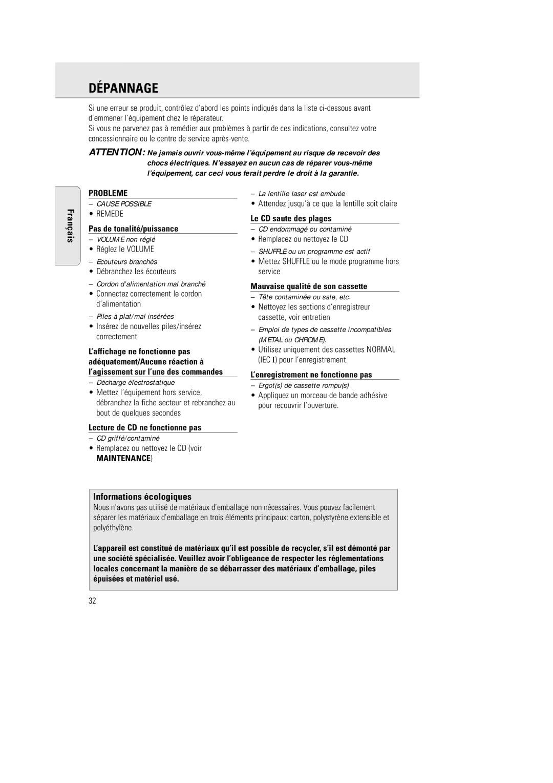 Philips AZ 2770 manual Dépannage, Çais, Informations écologiques, Maintenance 