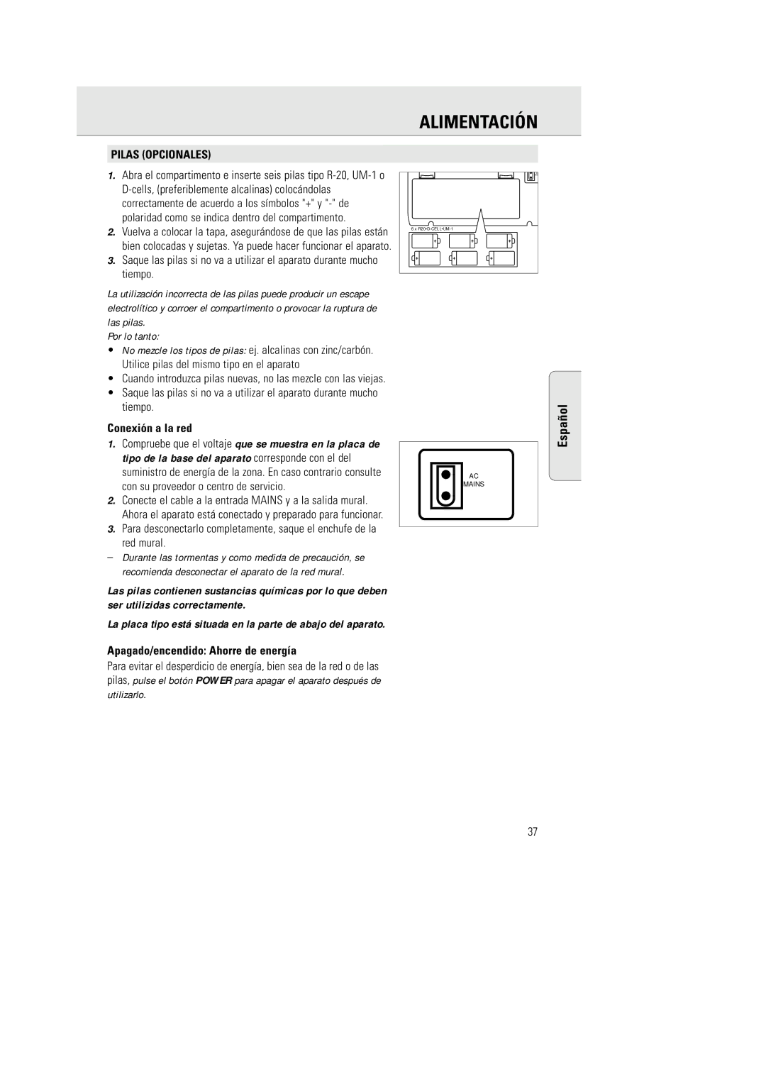 Philips AZ 2770 manual Alimentación, Pilas Opcionales, Conexión a la red, Apagado/encendido Ahorre de energía 