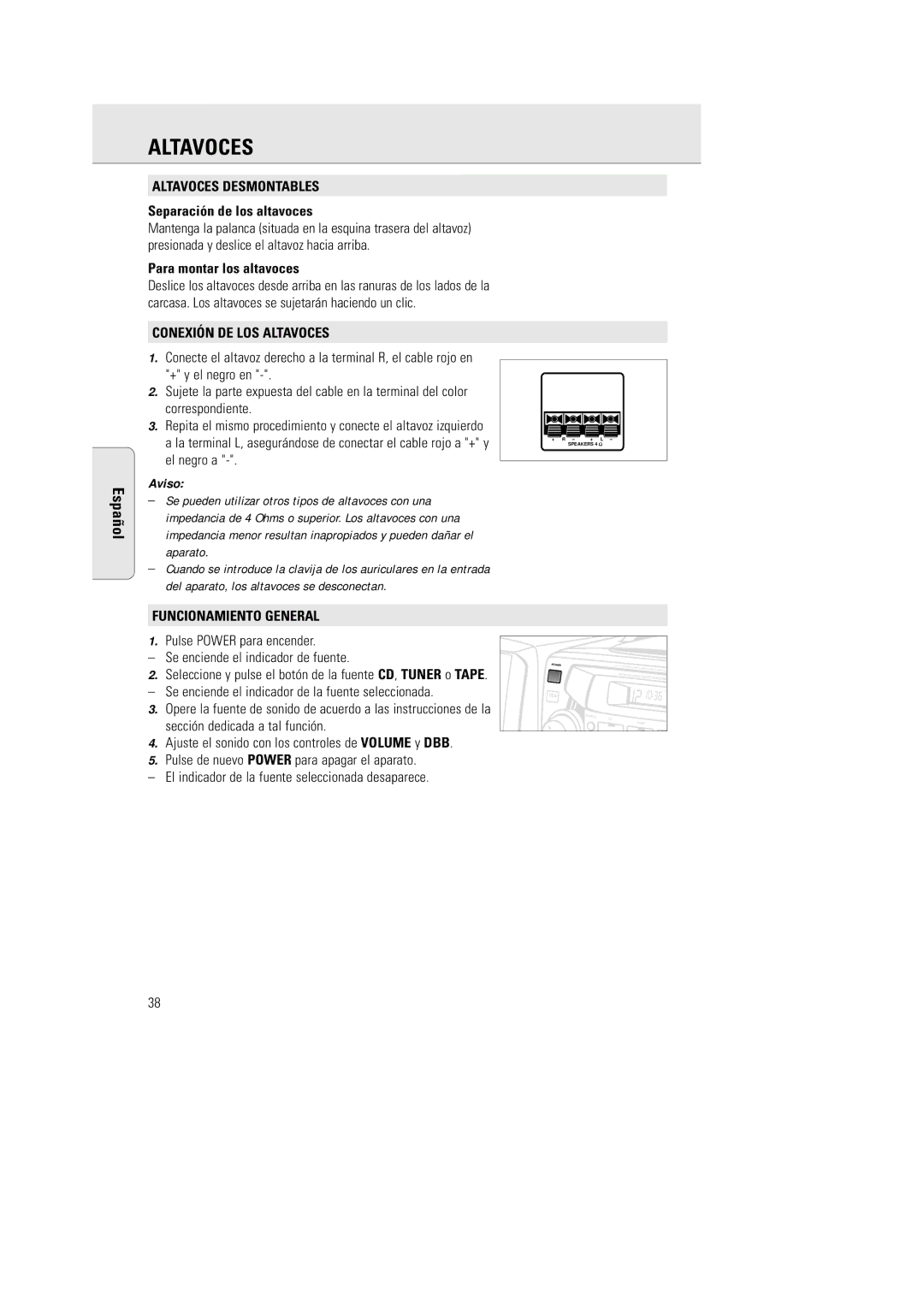 Philips AZ 2770 manual Altavoces Desmontables, Conexión DE LOS Altavoces, Funcionamiento General 