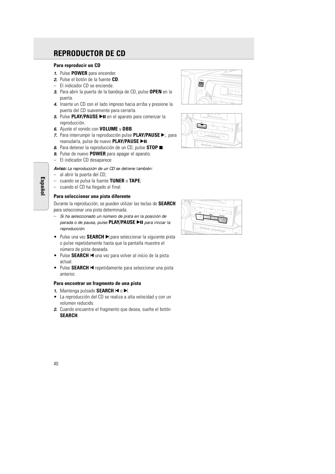 Philips AZ 2770 manual Reproductor DE CD, Para reproducir un CD, Para seleccionar una pista diferente, Search 