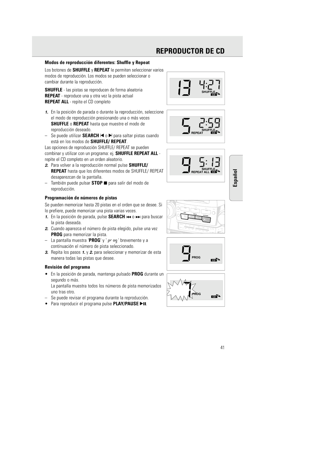 Philips AZ 2770 manual Modos de reproducción diferentes Shuffle y Repeat, Programación de números de pistas 