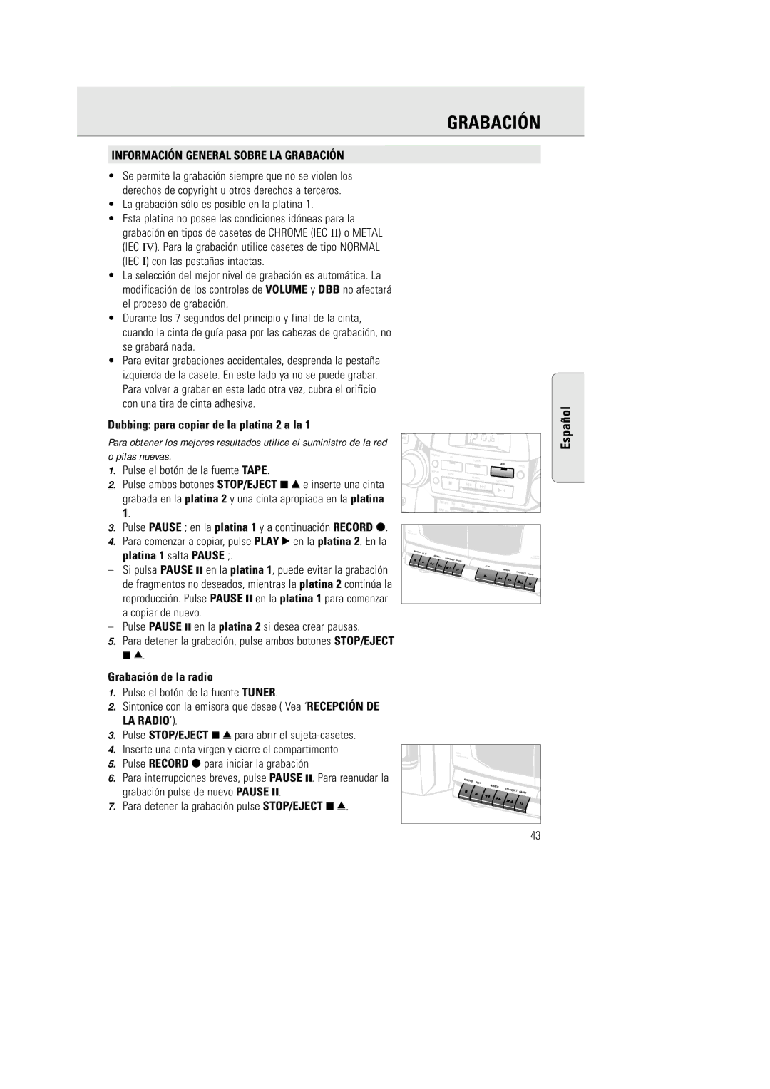 Philips AZ 2770 manual Información General Sobre LA Grabación, Dubbing para copiar de la platina 2 a la 