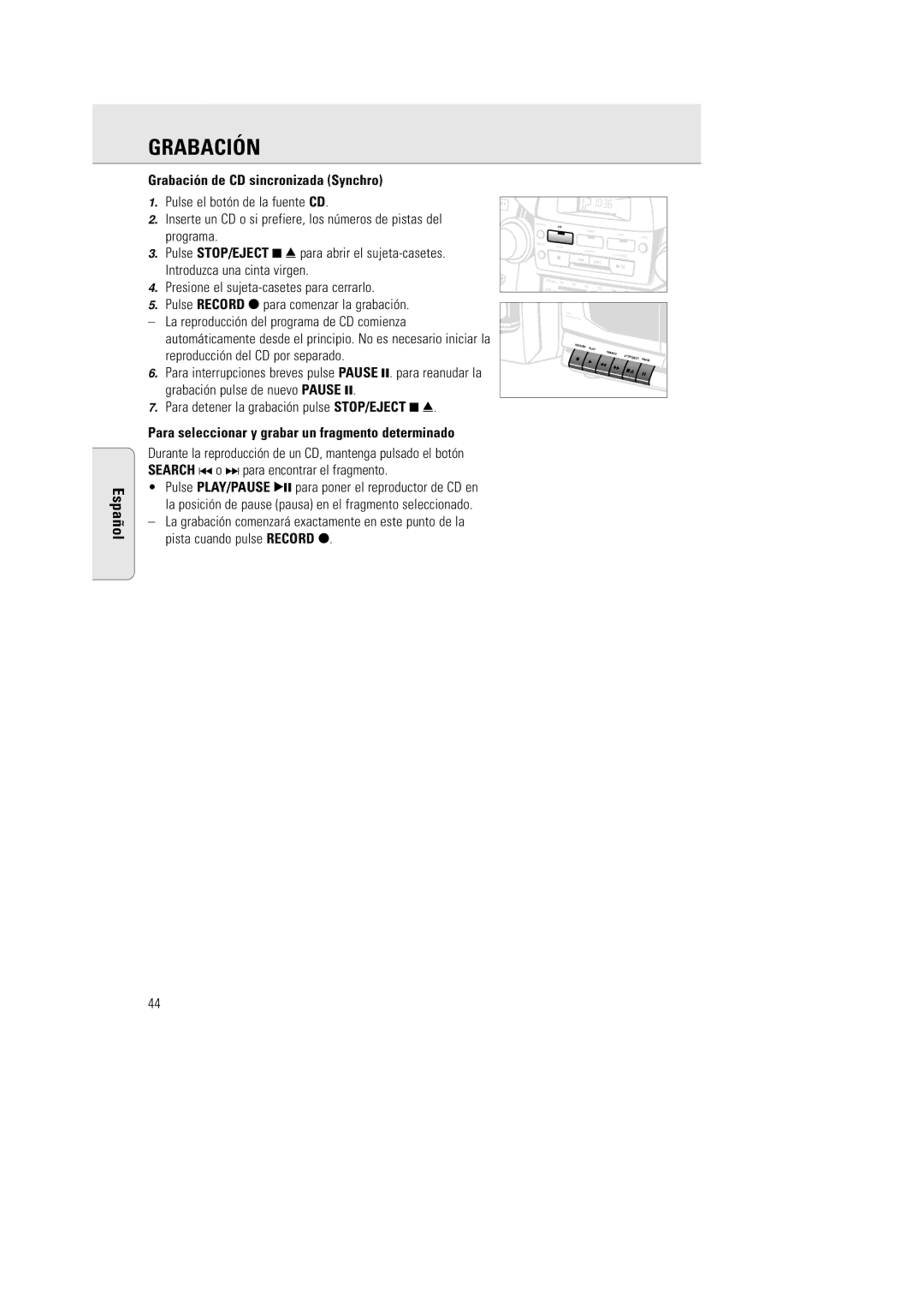 Philips AZ 2770 manual Grabación de CD sincronizada Synchro, Para seleccionar y grabar un fragmento determinado 