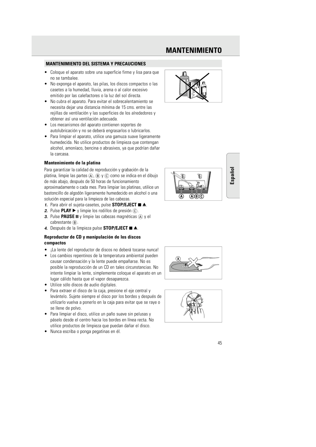 Philips AZ 2770 manual Mantenimiento DEL Sistema Y Precauciones, Mantenimiento de la platina 