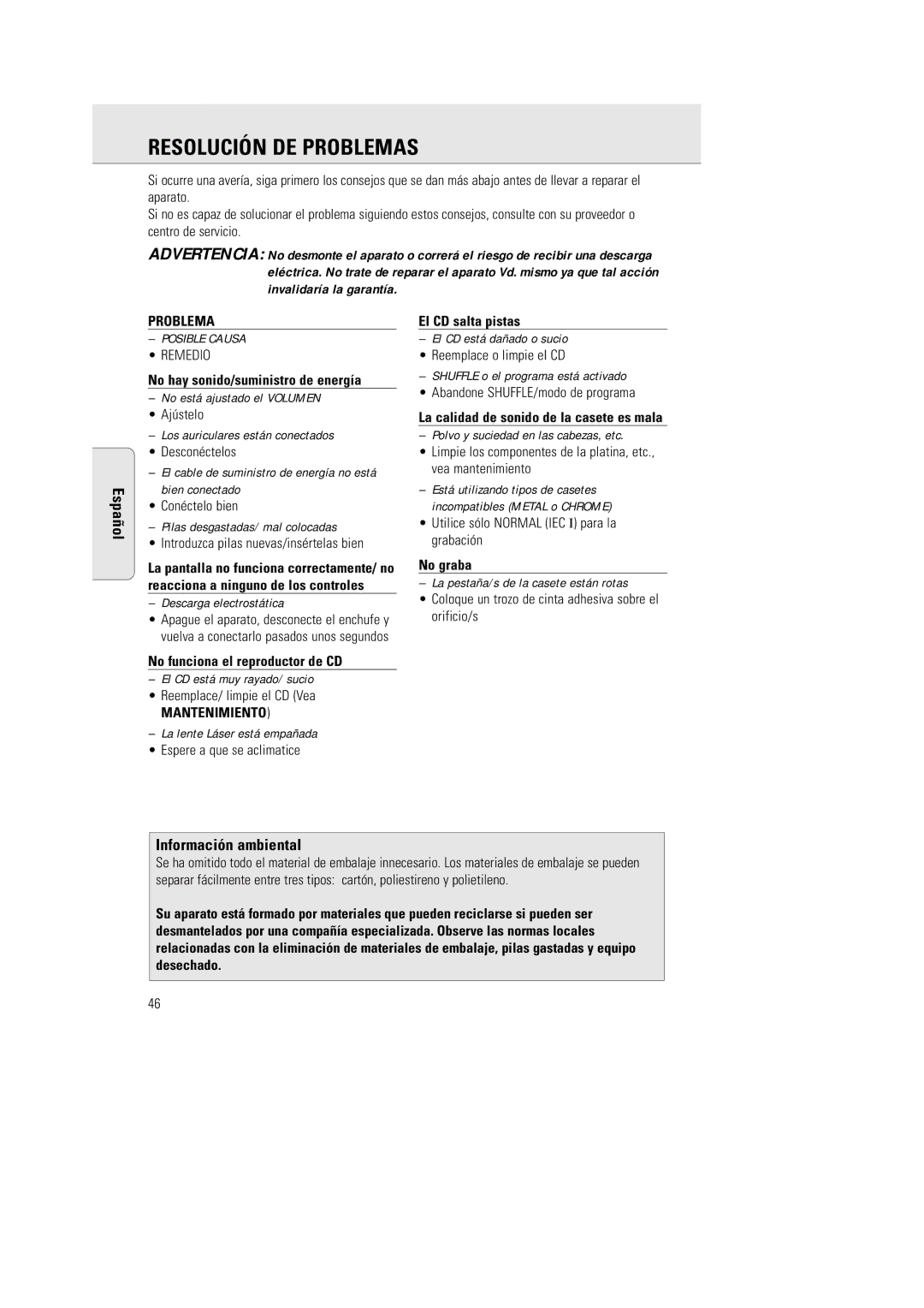 Philips AZ 2770 manual Resolución DE Problemas, Información ambiental, Mantenimiento 