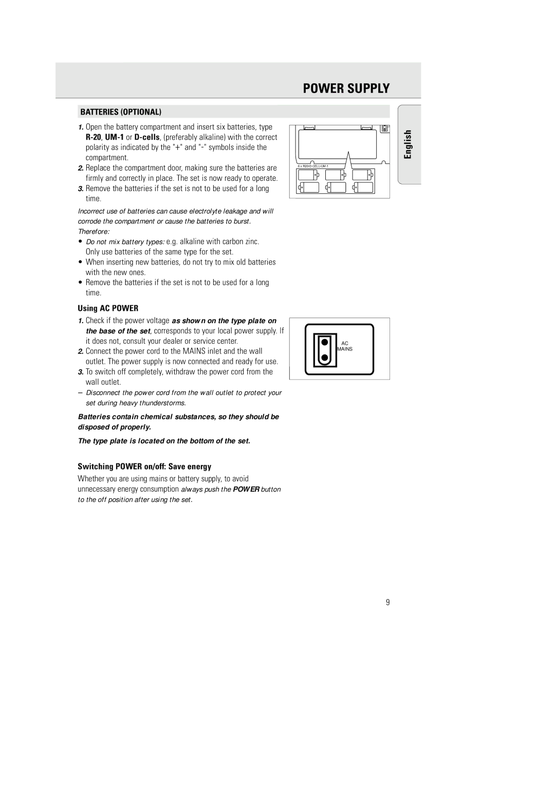 Philips AZ 2770 manual Power Supply, Batteries Optional, Using AC Power, English, Switching Power on/off Save energy 