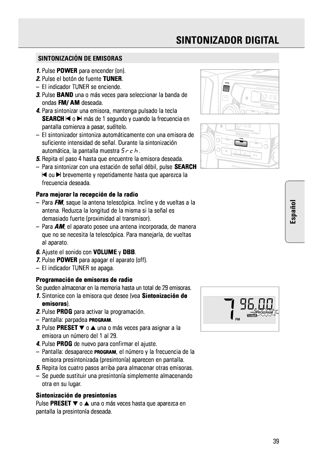 Philips AZ 2785 manual Sintonizador Digital, Español, Sintonización De Emisoras, Para mejorar la recepción de la radio 