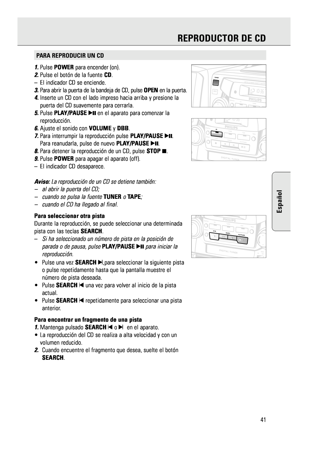 Philips AZ 2785 manual Reproductor De Cd, Español, Para Reproducir Un Cd, Para seleccionar otra pista, Search 