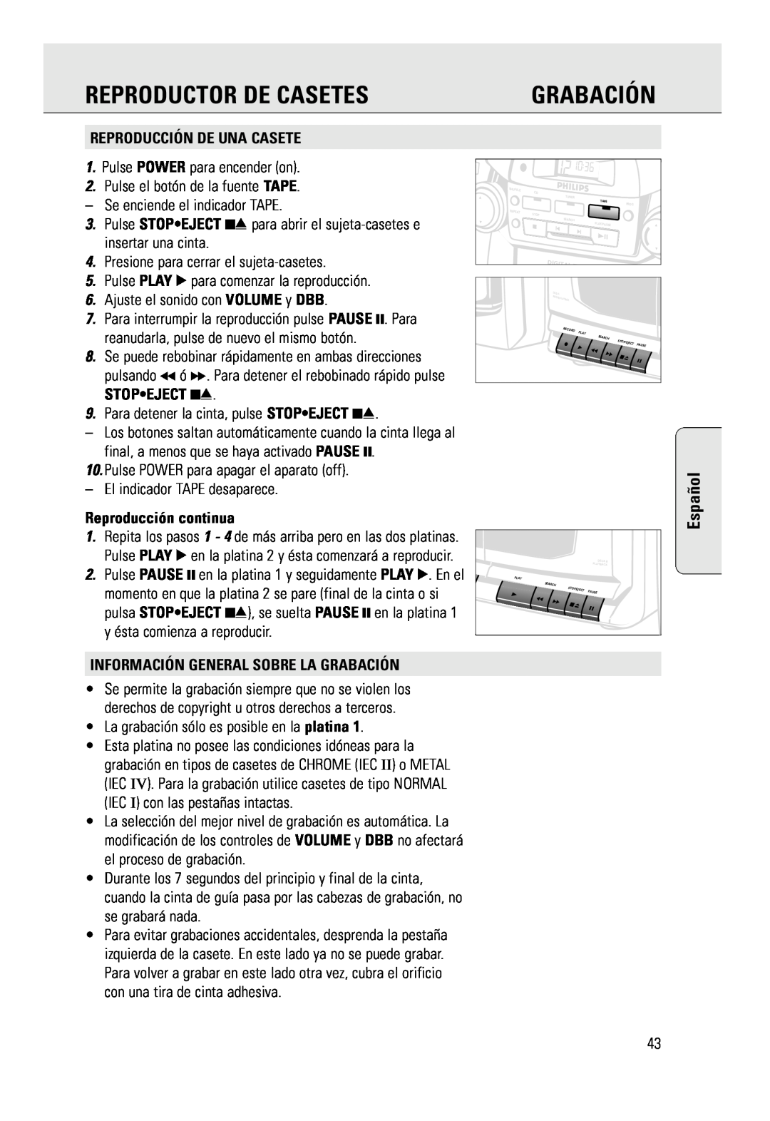Philips AZ 2785 manual Reproductor De Casetes, Grabación, Español, Reproducción De Una Casete, Reproducción continua 