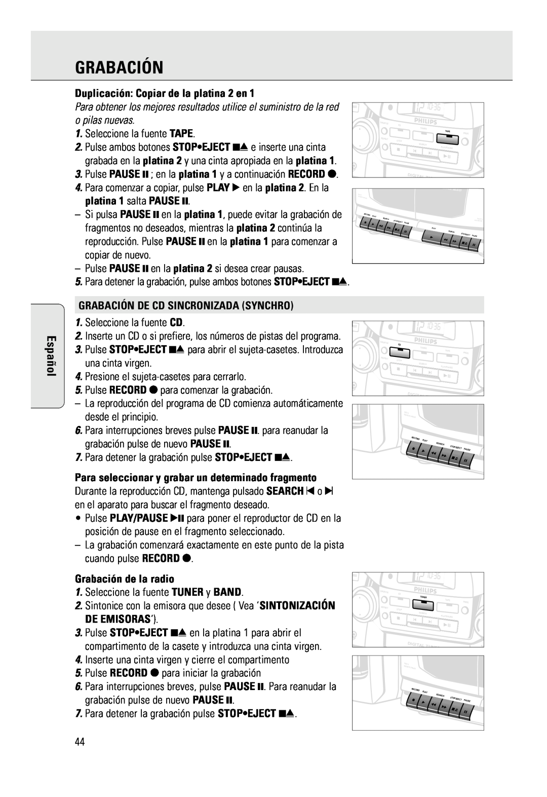 Philips AZ 2785 manual Español, Duplicación Copiar de la platina 2 en, Grabación De Cd Sincronizada Synchro 