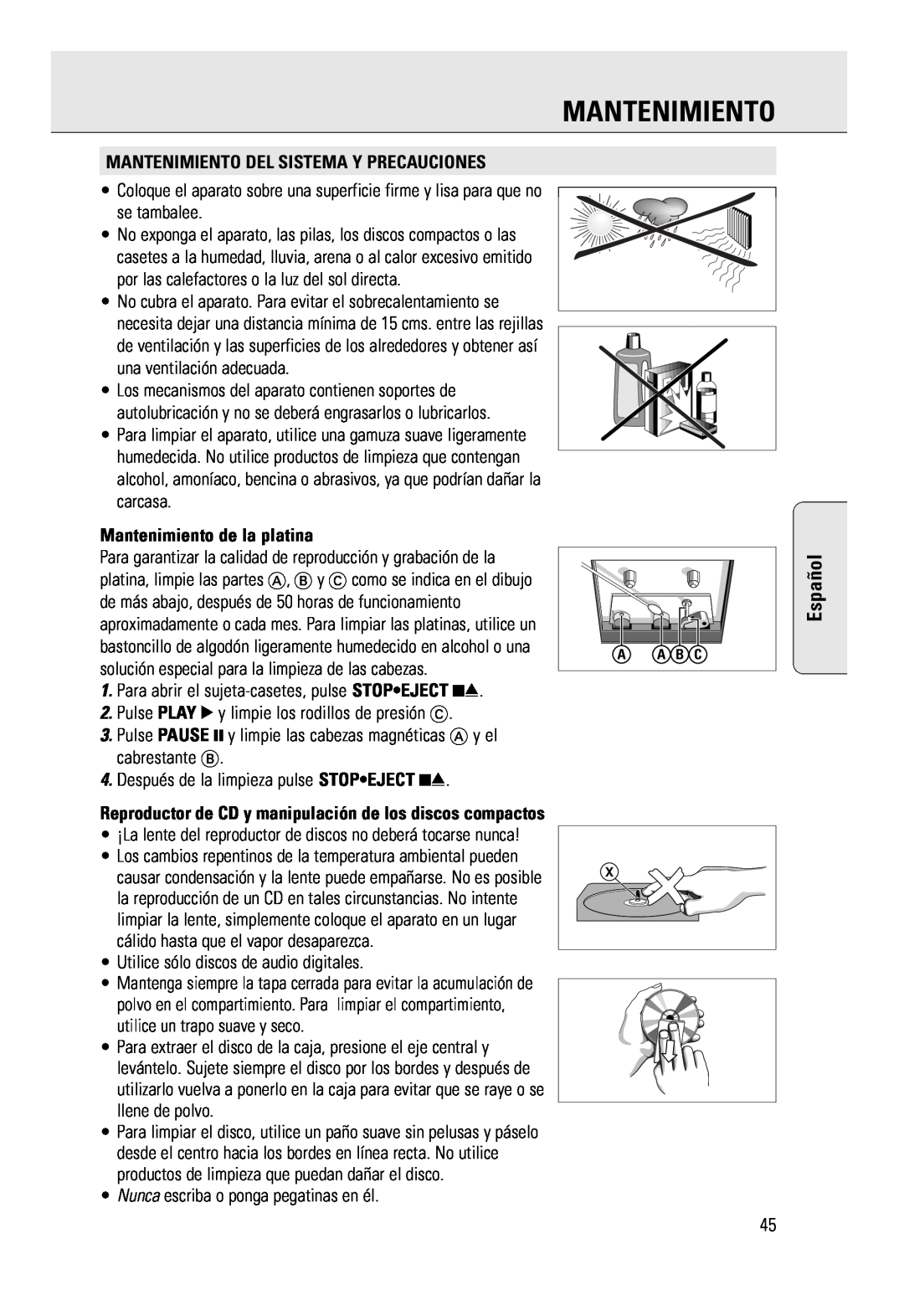 Philips AZ 2785 manual Español, Mantenimiento Del Sistema Y Precauciones, Mantenimiento de la platina 