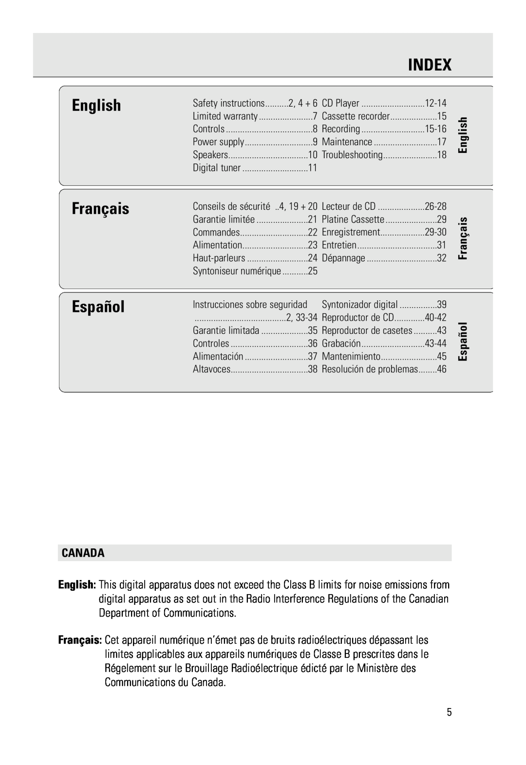 Philips AZ 2785 manual Index, English, Français, Español, Canada, Instrucciones sobre seguridad 