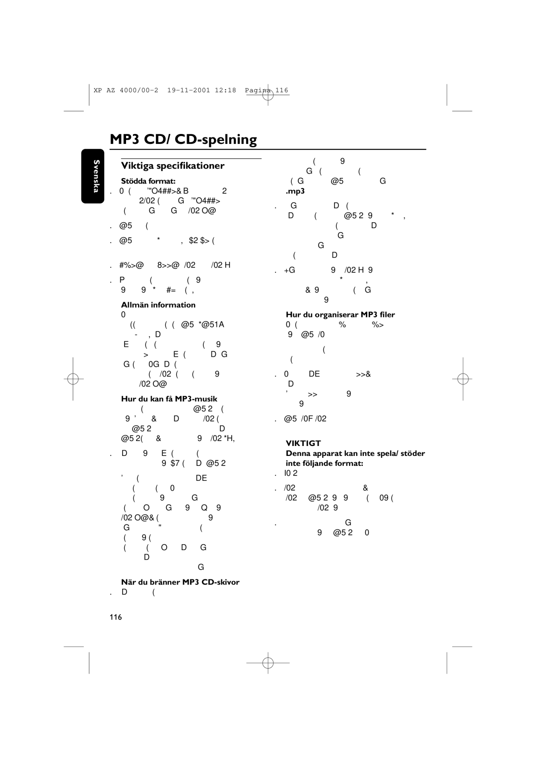 Philips AZ 4000/00 manual MP3 CD/ CD-spelning, Viktiga speciﬁkationer 