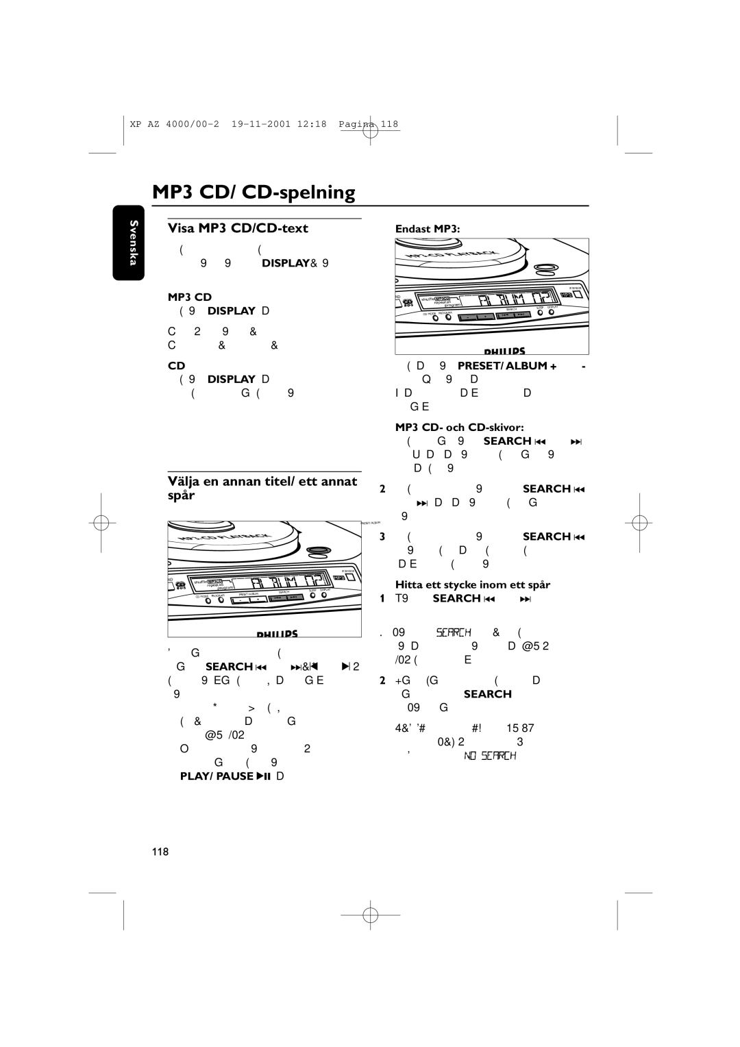 Philips AZ 4000/00 manual Visa MP3 CD/CD-text, Välja en annan titel/ ett annat, Spår 