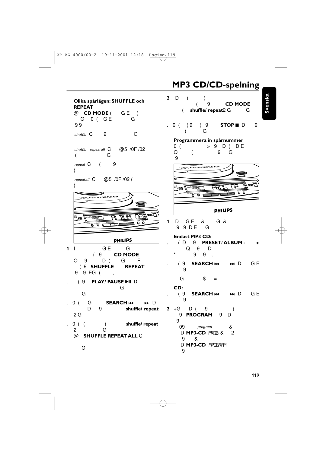 Philips AZ 4000/00 manual MP3 CD/CD-spelning, Olika spårlägen Shuffle och, Repeat, Programmera in spårnummer, Endast MP3 CD 
