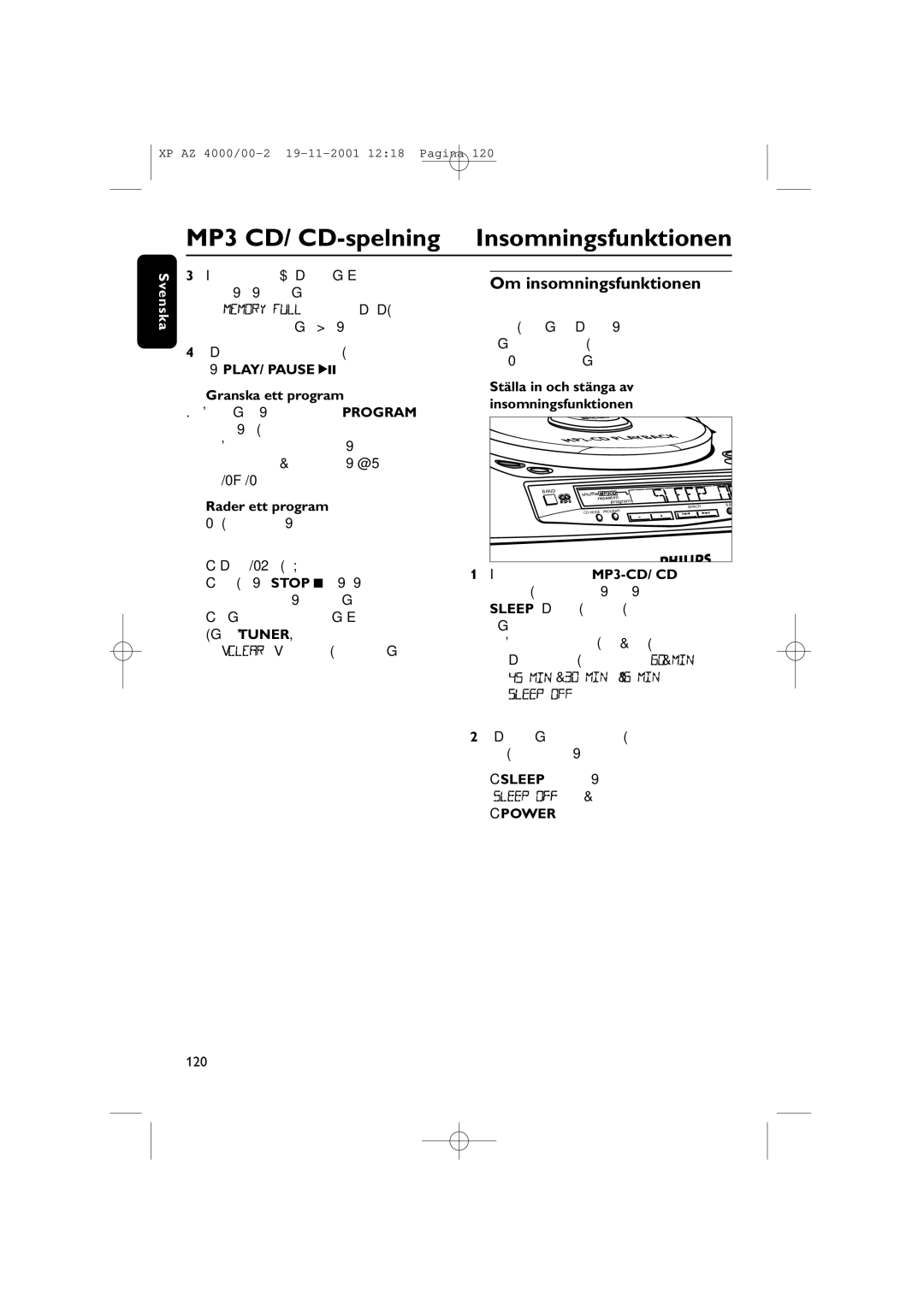 Philips AZ 4000/00 manual MP3 CD/ CD-spelning Insomningsfunktionen, Om insomningsfunktionen 