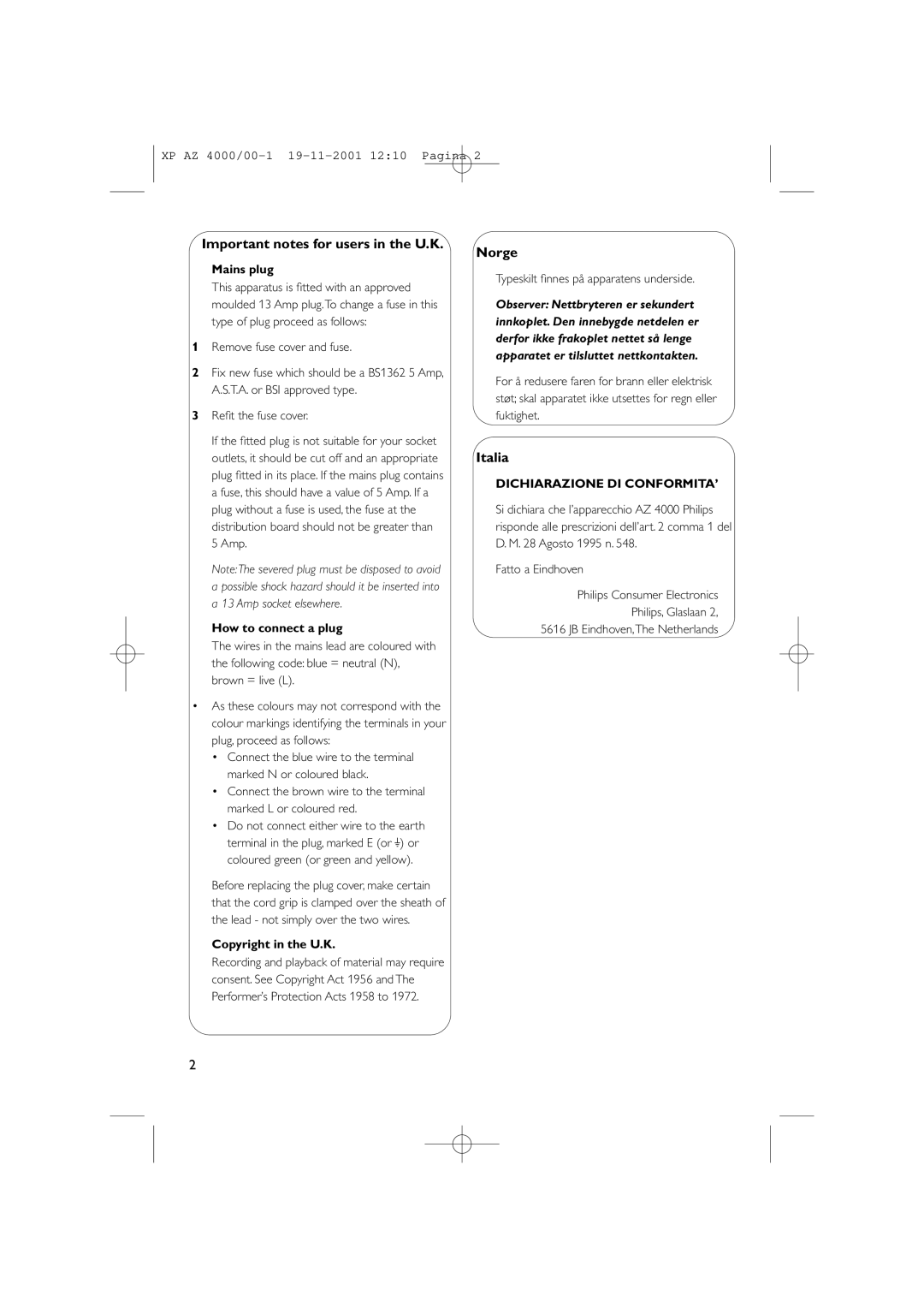 Philips AZ 4000/00 manual Important notes for users in the U.K, Norge, Italia 