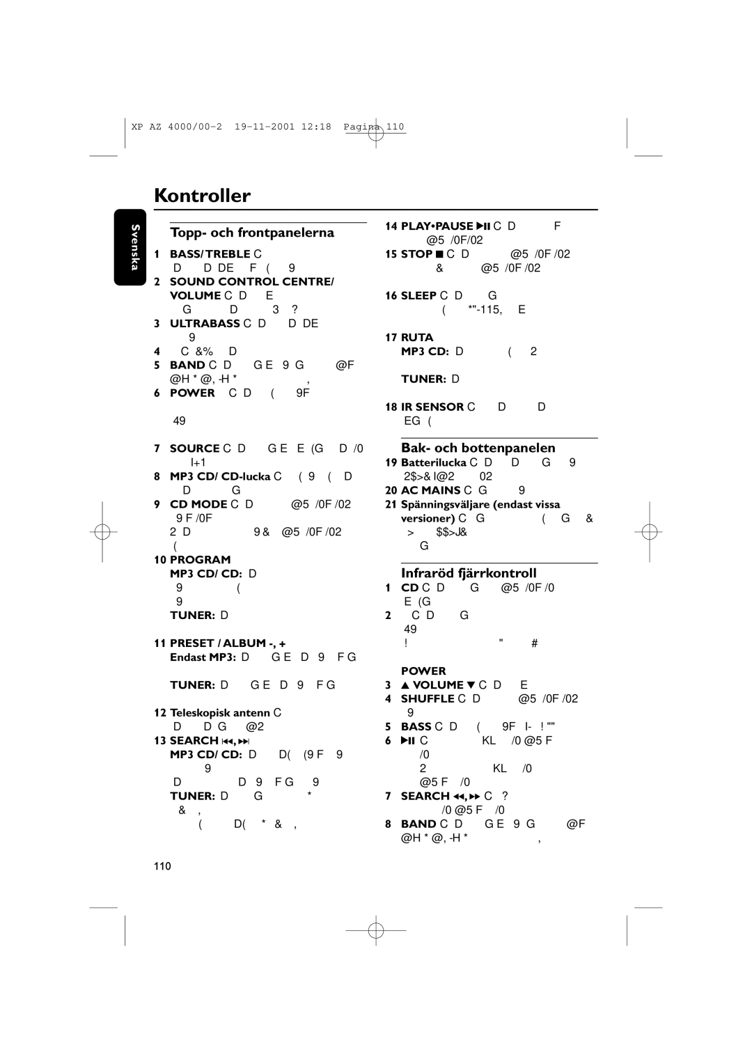 Philips AZ 4000/00 manual Kontroller, Topp- och frontpanelerna, Bak- och bottenpanelen, Infraröd fjärrkontroll 