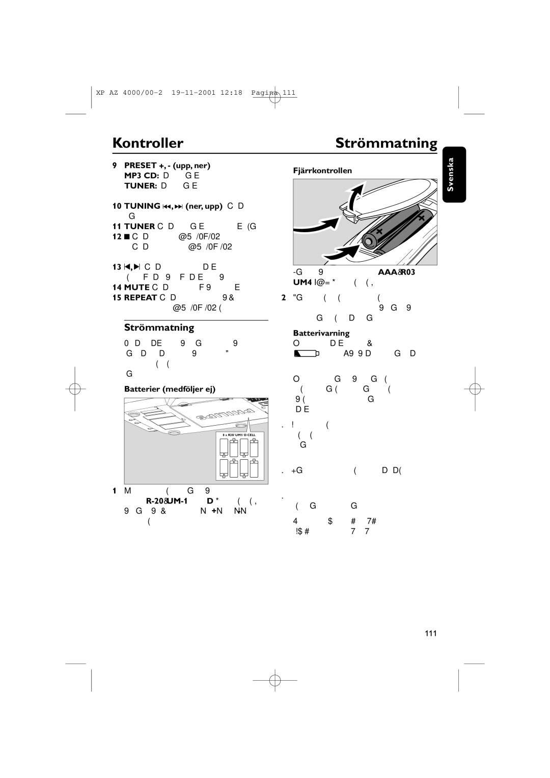 Philips AZ 4000/00 manual Kontroller Strömmatning 