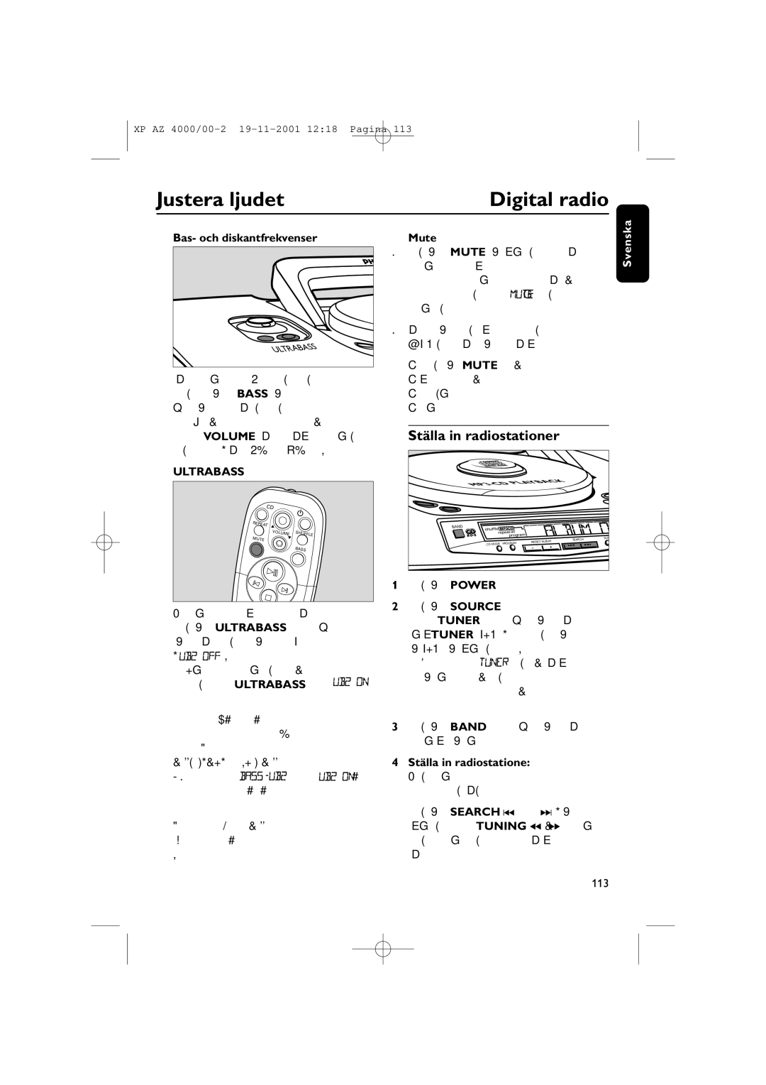 Philips AZ 4000/00 manual Justera ljudet, Digital radio, Ställa in radiostationer, Ultrabass 