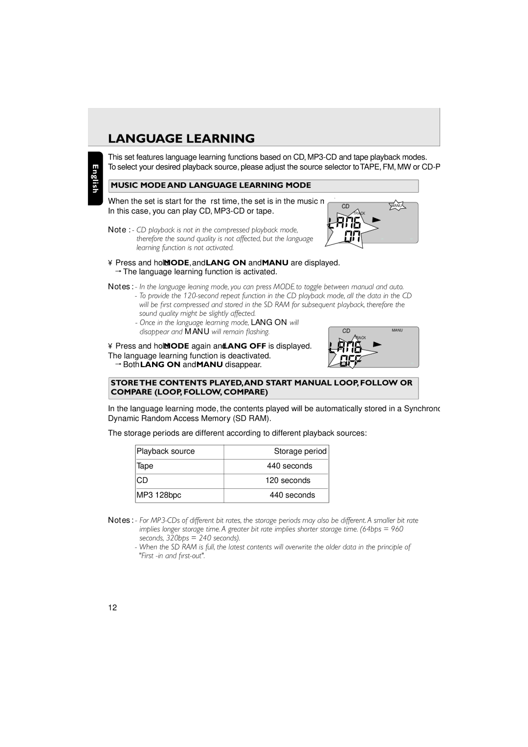 Philips AZ 6188 manual Music Mode and Language Learning Mode 