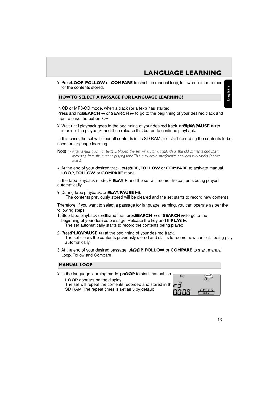 Philips AZ 6188 manual HOW to Select a Passage for Language LEARNING?, Manual Loop, Loop appears on the display 