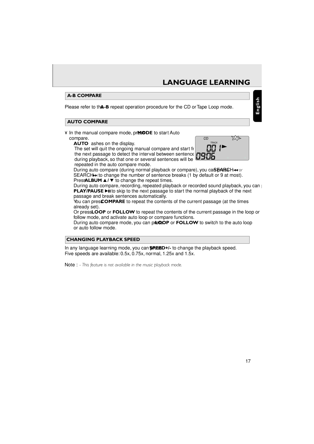 Philips AZ 6188 manual Manual compare mode, press Mode to start Auto Compare, Repeated in the auto compare mode 