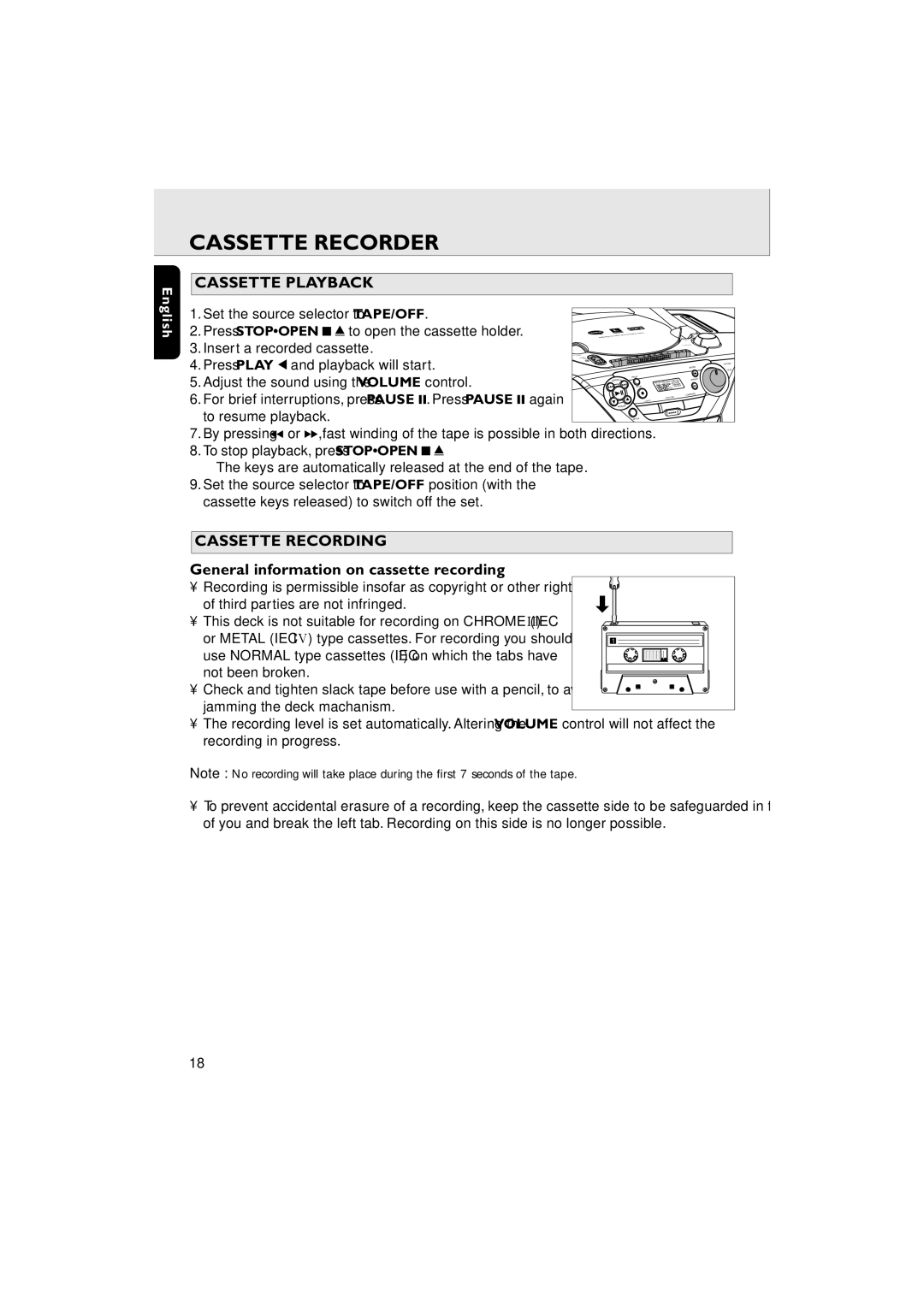 Philips AZ 6188 manual Cassette Recorder, Cassette Playback, Cassette Recording, General information on cassette recording 