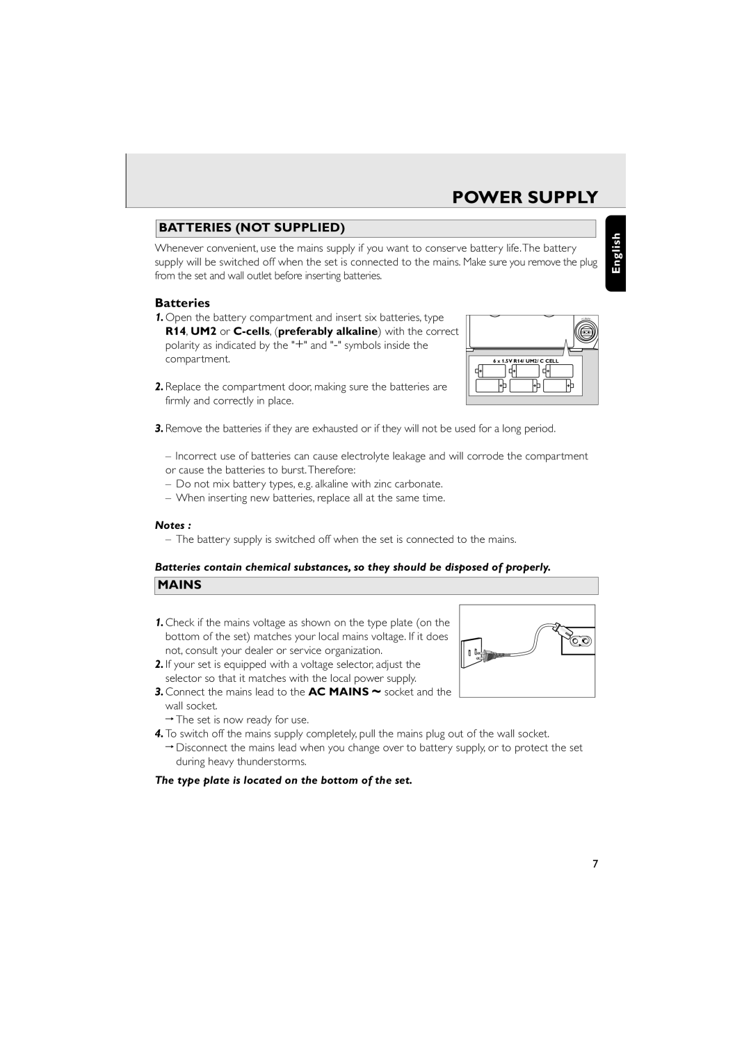 Philips AZ 6188 manual Power Supply, Batteries not Supplied, Mains 