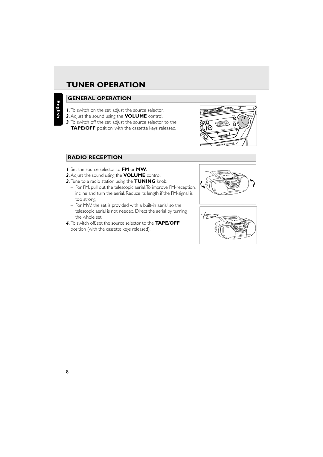 Philips AZ 6188 manual Tuner Operation, General Operation, Radio Reception 