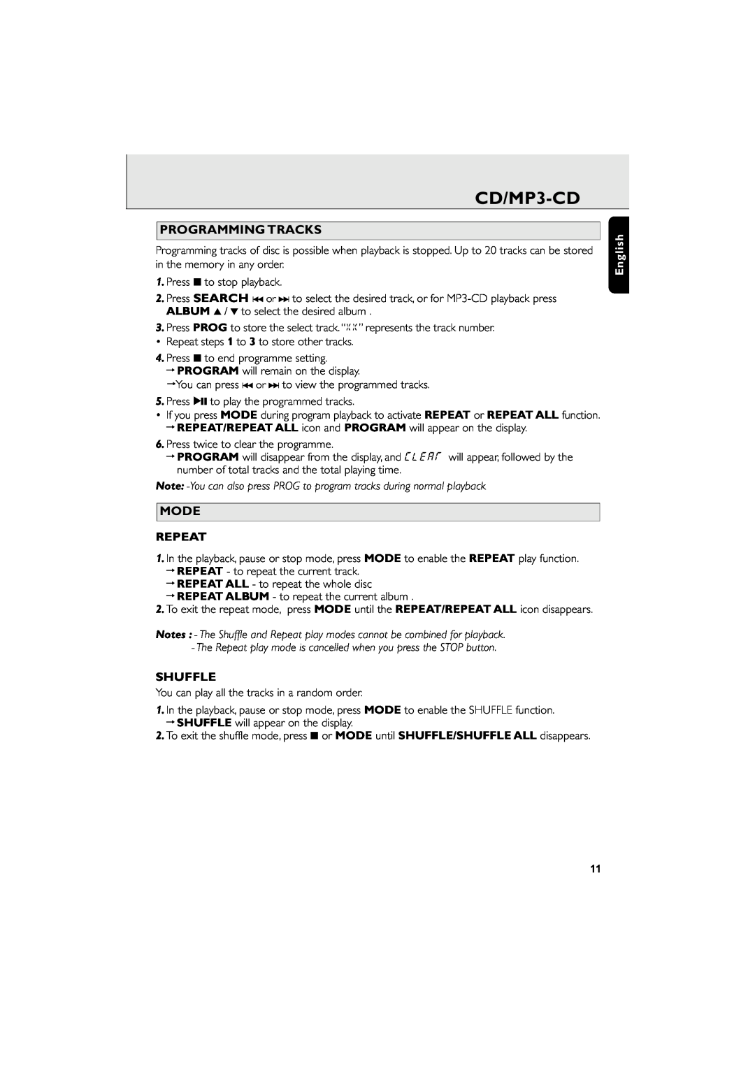 Philips AZ 6188 manual CD/MP3-CD, Programming Tracks, Mode, Repeat, Shuffle, English 